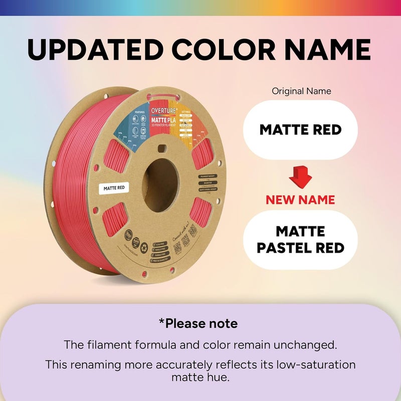 OVERTURE Matte PLA 3D Printer Filament 1.75mm, Matt Surface & Low Warping Filament 1kg Spool (2.2 lbs), Accuracy +/- 0.02 mm, Fit Most FDM Printers (Matte Pastel Red) - Image 2