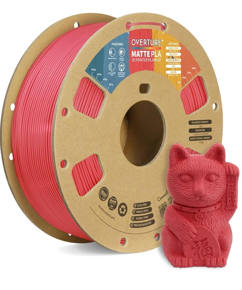 OVERTURE Matte PLA 3D Printer Filament 1.75mm, Matt Surface & Low Warping Filament 1kg Spool (2.2 lbs), Accuracy +/- 0.02 mm, Fit Most FDM Printers (Matte Pastel Red) - Image 1