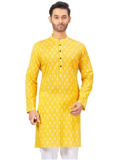 Studio Shringaar Studio Shringaar Men's Haldi Yellow Mustard 100% Cotton Block Printed Knee Length Kurta (MK180, Yellow, Medium)  - Image 1