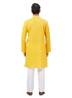 Studio Shringaar Studio Shringaar Men's Haldi Yellow Mustard 100% Cotton Block Printed Knee Length Kurta (MK180, Yellow, Medium)  - Image 2