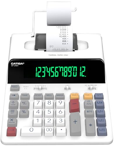 CATIGA 12 Digit Thermal Printing Calculator with Tape Print Out, Ink-Free Adding Machine, 5X Faster Quite at 8.0 LPS, Extra Large Fluorescent Display, Tax Calculation with Clock and Calendar, SP-2401 - Image 1