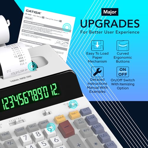 CATIGA 12 Digit Thermal Printing Calculator with Tape Print Out, Ink-Free Adding Machine, 5X Faster Quite at 8.0 LPS, Extra Large Fluorescent Display, Tax Calculation with Clock and Calendar, SP-2401 - Image 4