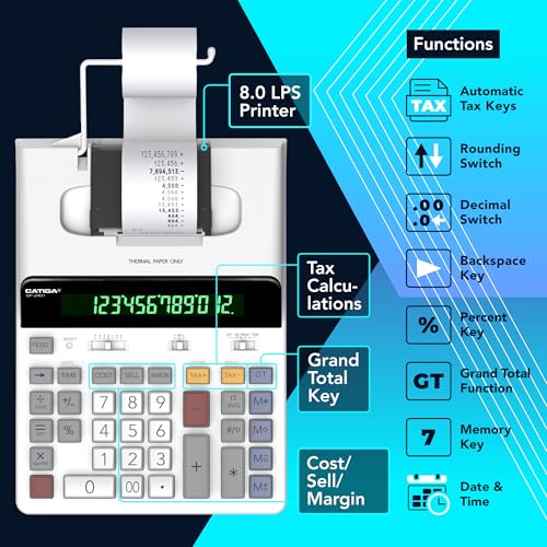 CATIGA 12 Digit Thermal Printing Calculator with Tape Print Out, Ink-Free Adding Machine, 5X Faster Quite at 8.0 LPS, Extra Large Fluorescent Display, Tax Calculation with Clock and Calendar, SP-2401 - Image 5