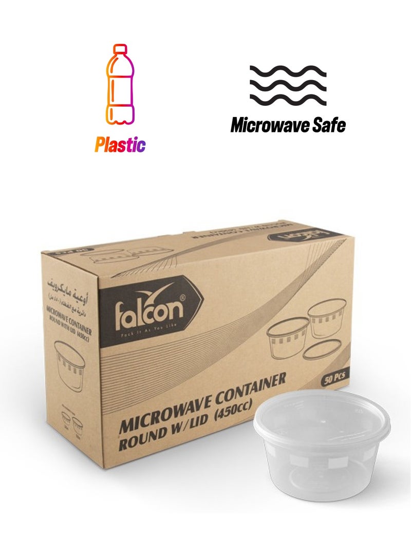 Falconpack حاوية ميكروويف دائرية يمكن التخلص منها مع غطاء لتخزين الغداء، سعة 450 سم مكعب، شفافة