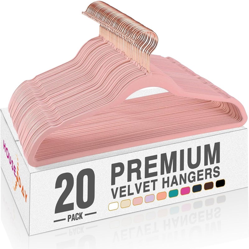 HOUSE DAY Velvet Hangers - 20 Pack, Premium Non-Slip Felt Hangers, Sturdy Pink Heavy Duty Coat & Suit Hangers, Space Saving 360° Rotating Rose Gold Hook - Image 1