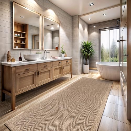 CAMILSON Indoor and Outdoor Runner Rug Natural Herringbone Seagrass Boho Design Easy-Cleaning Non Shedding Fiber Living Room Bedroom Garden Patio and Kitchen Washable Outside Carpet Alfombras (2x7) - Image 1