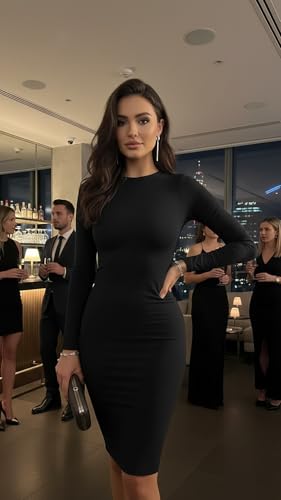 Mokoru Women's Casual Basic Pencil Dress Sexy Long Sleeve Bodycon Midi Club Dress, Small, Black - Image 3