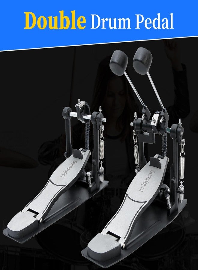 Sumdepot Double Bass Drum Pedal with Adjustable Beater Head, Double Chain Drive Foot Kick Pedal, Drum Key for Drum Set and Electronic Drums (Silver) - Image 2
