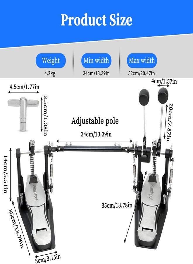 Sumdepot Double Bass Drum Pedal with Adjustable Beater Head, Double Chain Drive Foot Kick Pedal, Drum Key for Drum Set and Electronic Drums (Silver) - Image 5