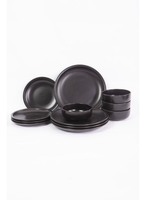 12 Piece Porcelain Dinnerware Set, 4x27cm Dinner Plates, 4x19.5cm Side Plates, 4x15.2cm Soup Plates, 4x Bowls | Dishwasher and Microwave Safe | Black