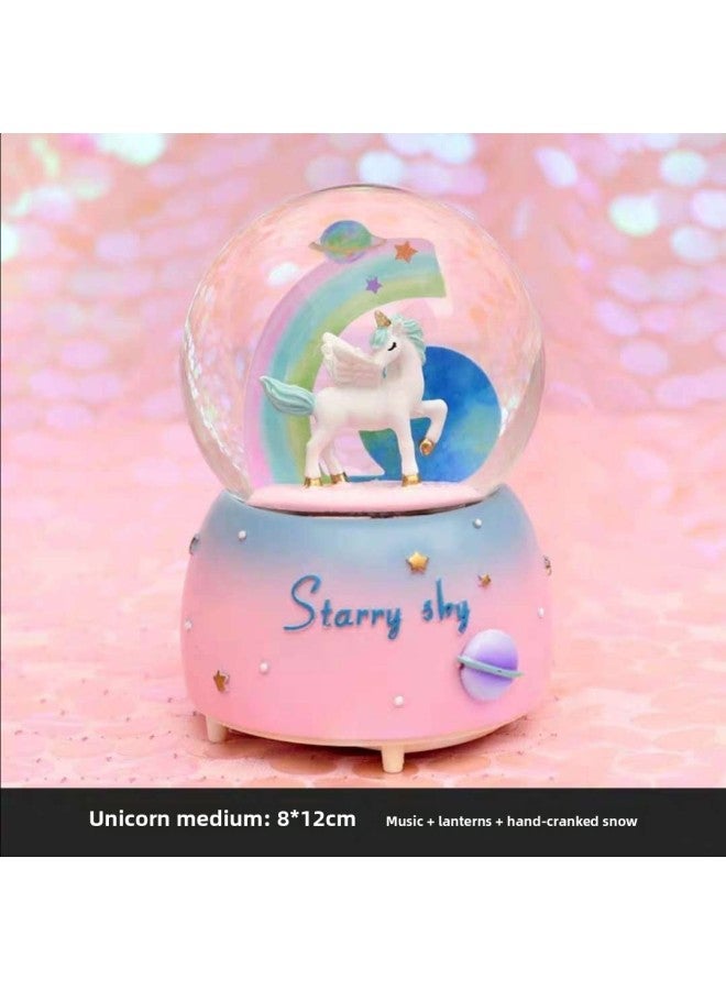 Graduation Season Children's Birthday Gift Crystal Ball Music Box For Boys And Girls Girlfriends Classmates Hand-made Home Decoration-Color:Medium Starry Sky Blue Unicorn (manual Snow + Colored Lights + Music)-Size:Gift Color Paper Packaging (greeting Card = Garland + Handbag) - Image 1