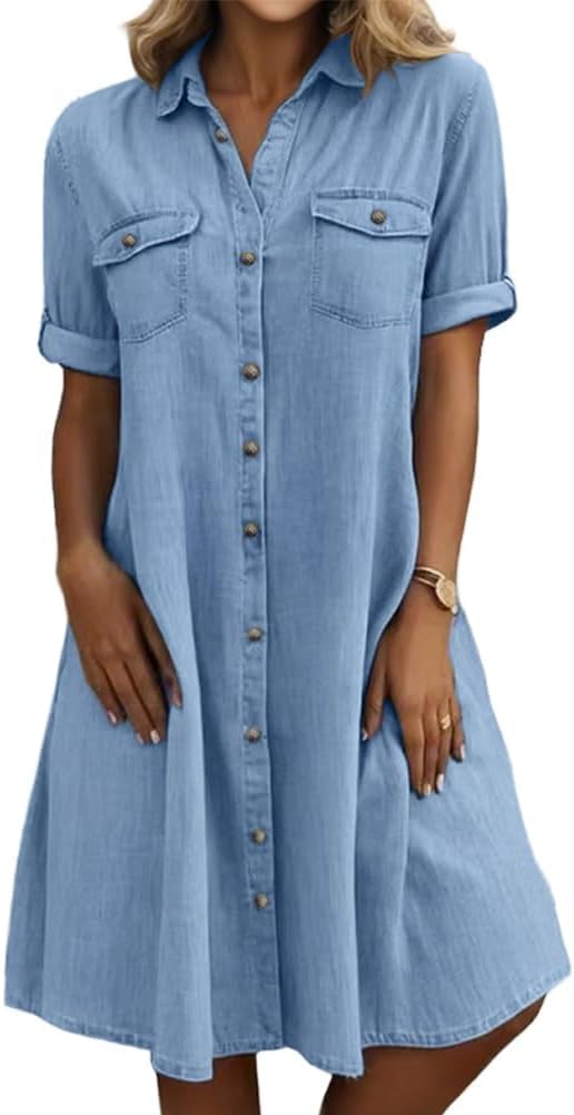 yoeasy Women's Summer Short Sleeve Denim Shirt Dress Casual Button Down Loose Fit Midi Long Jean Dress (XX-Large, Light Blue) - Image 1