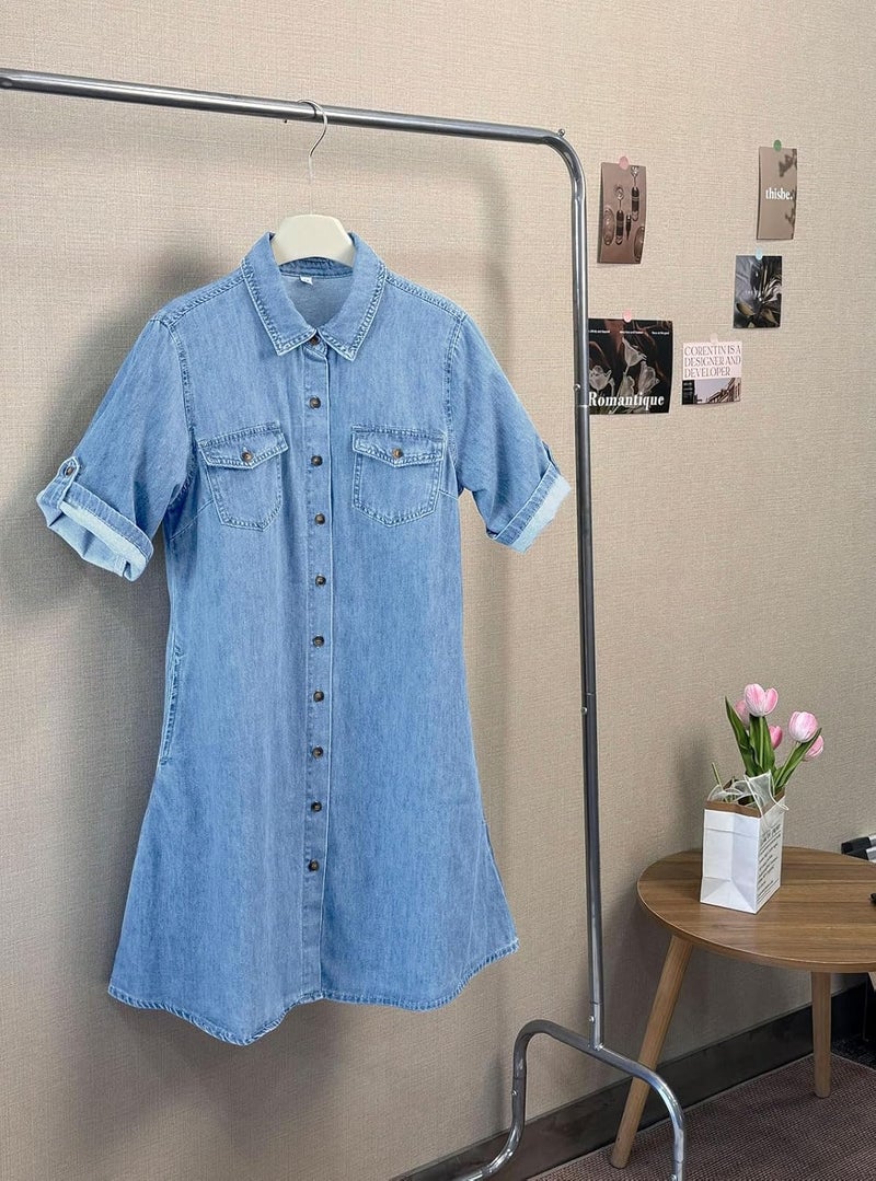 yoeasy Women's Summer Short Sleeve Denim Shirt Dress Casual Button Down Loose Fit Midi Long Jean Dress (XX-Large, Light Blue) - Image 3