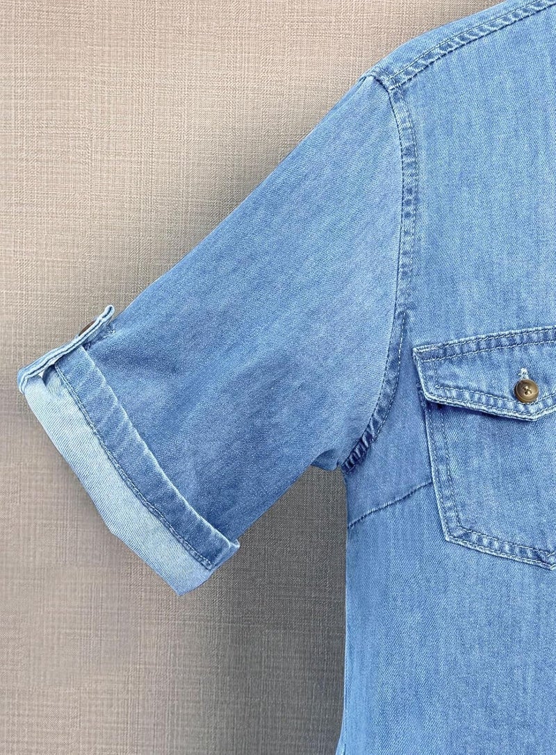 yoeasy Women's Summer Short Sleeve Denim Shirt Dress Casual Button Down Loose Fit Midi Long Jean Dress (XX-Large, Light Blue) - Image 2