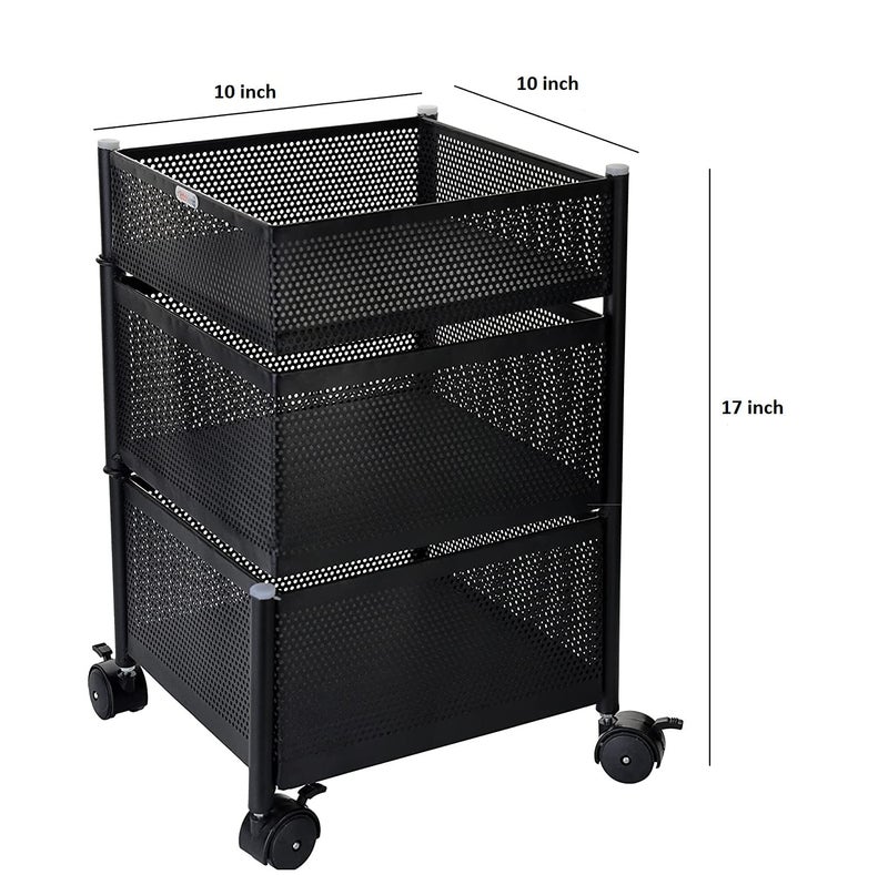 2heet Kavid Metal 3 Layer Kitchen Rotating Trolley Portable Storage Rack Square Design Fruits Vegetable Onion Cutlery Spice Jars Container Basket Organizer Holder Stand for Kitchen Black - Image 3