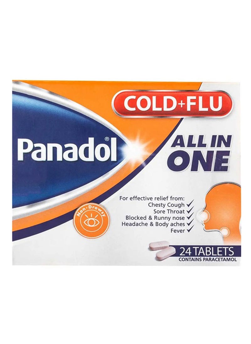 Panadol Cold and Flu All in One Chesty Cough Sore Throat Blocked and Runny Nose Body Pain Headache  Fever Paracetamol 24 Tablet 