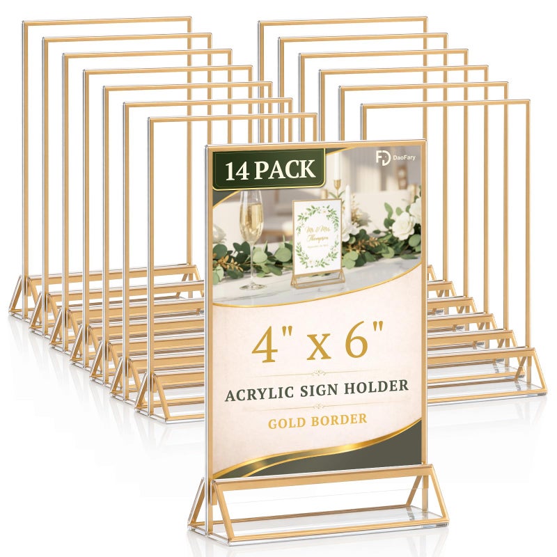 Daofary Acrylic Sign Holder 4x6, 14 Pack Double Sided Clear Gold Frame Tabletop Display, Menu Flyer Table Number Holder for Wedding Reception and Restaurant Tables - Image 1