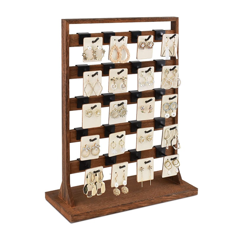 Ikee Design 5 Tiers Free Assemble Wooden Jewelry Display Rack with 20 Removable Metal Hooks,Earring Card Display Stand,Jewelry Organizer,Bracelet Organizer,Keychain Stand,Brown Color - Image 1