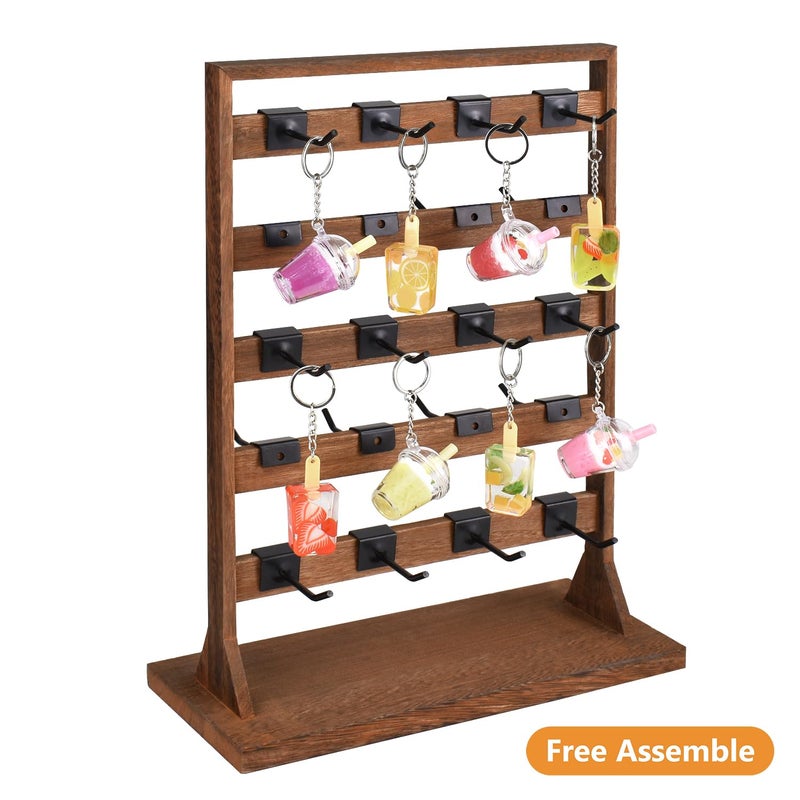 Ikee Design 5 Tiers Free Assemble Wooden Jewelry Display Rack with 20 Removable Metal Hooks,Earring Card Display Stand,Jewelry Organizer,Bracelet Organizer,Keychain Stand,Brown Color - Image 5