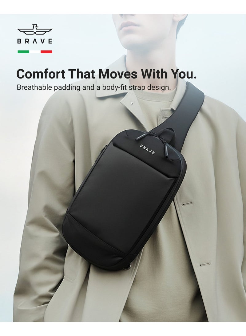 بريف حقيبة Sling للرجال – حقيبة صدر خفيفة ومتينه | منظم تقني ومنظم للأجهزة من النايلون البالستيكي الفاخر مع حجرة للآيباد/التابلت وجيوب مخفية ضد السرقة | مقاومة للماء، حزام قابل للتعديل ووسادة تنفسية | حقيبة كاجوال للسفر، العمل، التنزه، الهواء الطلق والمدرسة – أسود - Image 3