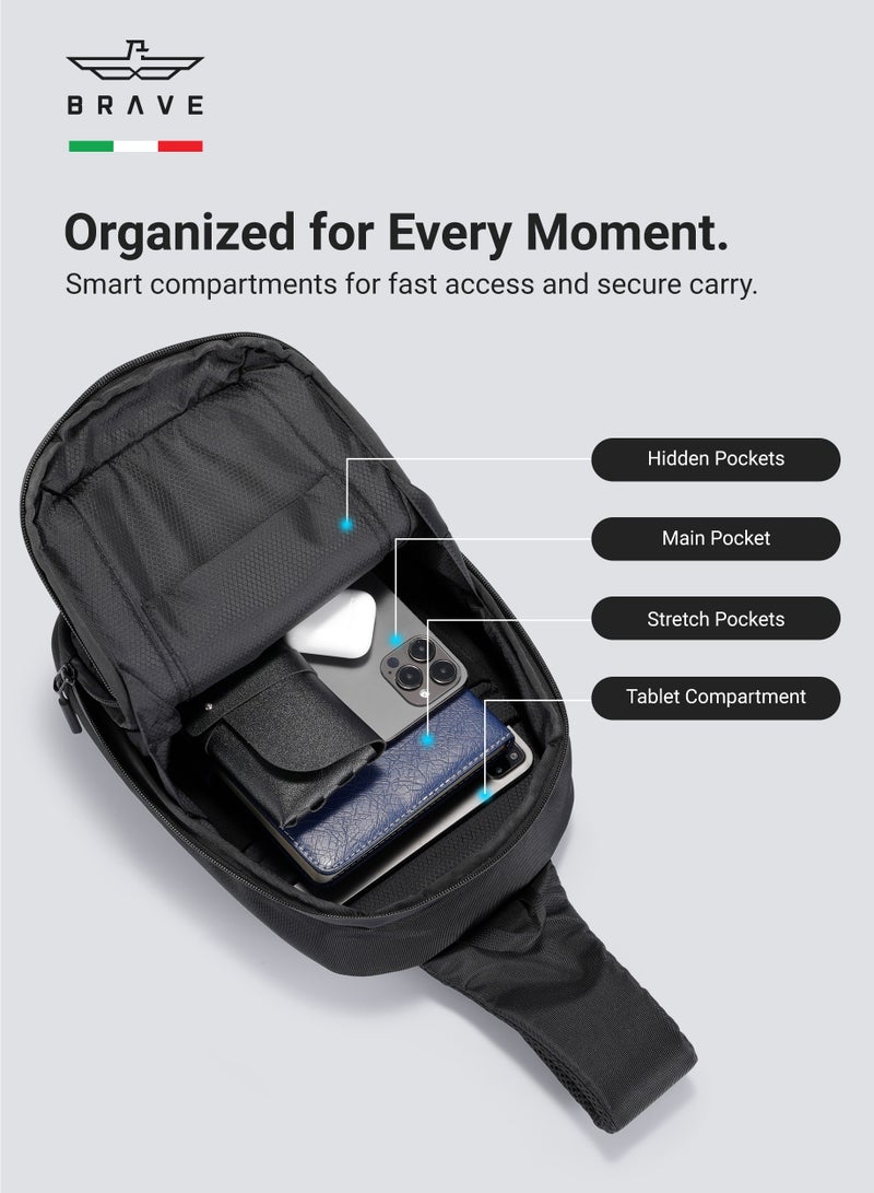 بريف حقيبة Sling للرجال – حقيبة صدر خفيفة ومتينه | منظم تقني ومنظم للأجهزة من النايلون البالستيكي الفاخر مع حجرة للآيباد/التابلت وجيوب مخفية ضد السرقة | مقاومة للماء، حزام قابل للتعديل ووسادة تنفسية | حقيبة كاجوال للسفر، العمل، التنزه، الهواء الطلق والمدرسة – أسود - Image 4