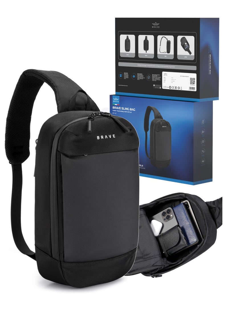 بريف حقيبة Sling للرجال – حقيبة صدر خفيفة ومتينه | منظم تقني ومنظم للأجهزة من النايلون البالستيكي الفاخر مع حجرة للآيباد/التابلت وجيوب مخفية ضد السرقة | مقاومة للماء، حزام قابل للتعديل ووسادة تنفسية | حقيبة كاجوال للسفر، العمل، التنزه، الهواء الطلق والمدرسة – أسود - Image 1