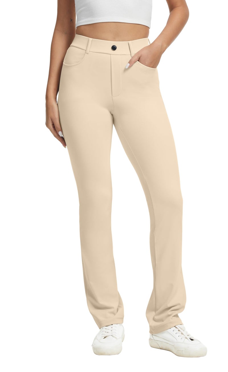 VIMPEP Yoga Pants Women Straight Leg Pants with Pockets High Waist Stretchy Pull On Dress Slacks for Casual Lounge Office Work Petite/Regular 1202 29 Light Khaki M - Image 1