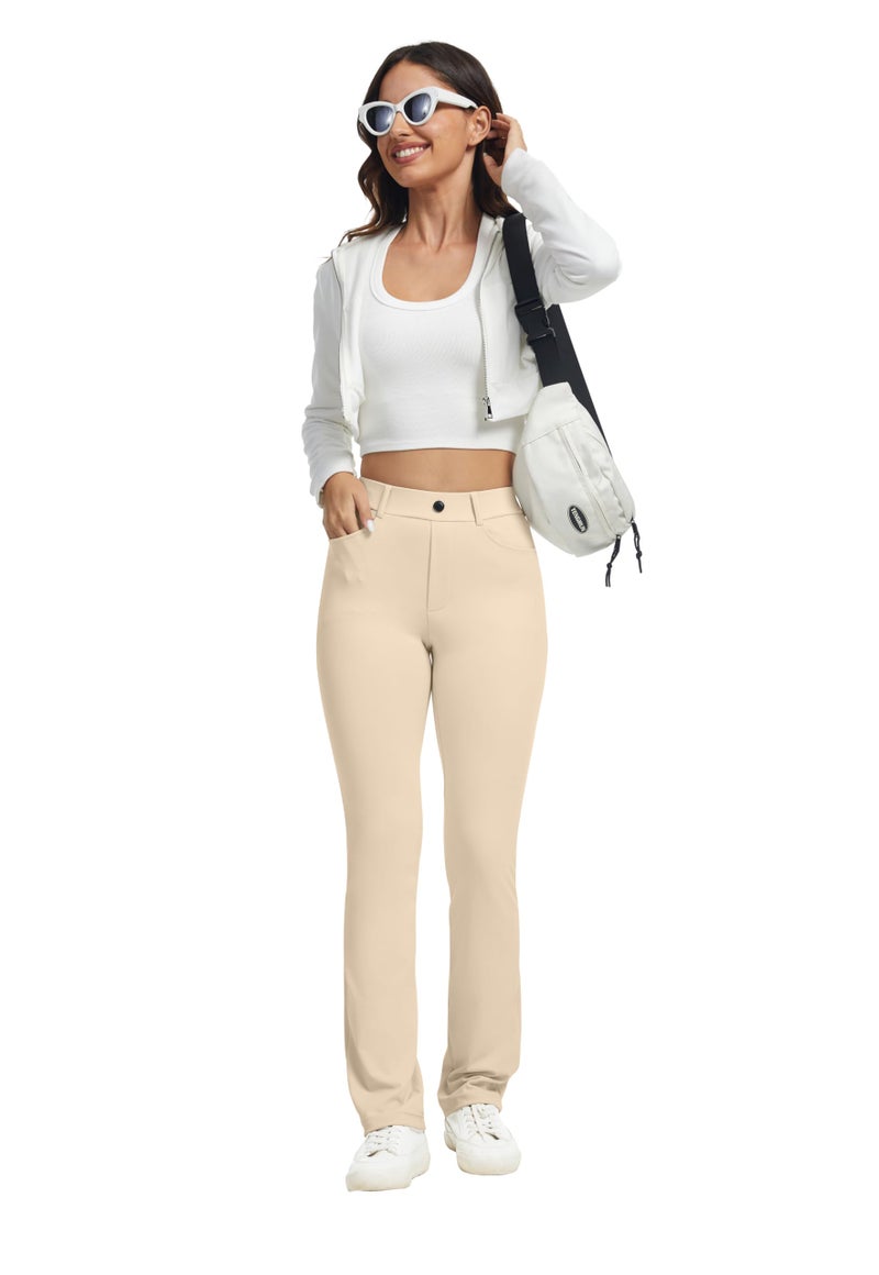 VIMPEP Yoga Pants Women Straight Leg Pants with Pockets High Waist Stretchy Pull On Dress Slacks for Casual Lounge Office Work Petite/Regular 1202 29 Light Khaki M - Image 4