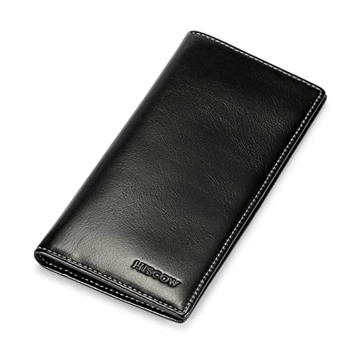 HISCOW Slim Leather Long Wallet for Men, Breast Pocket Wallet for Checkbook, Credit Cards (Antiqued Black) - Image 1