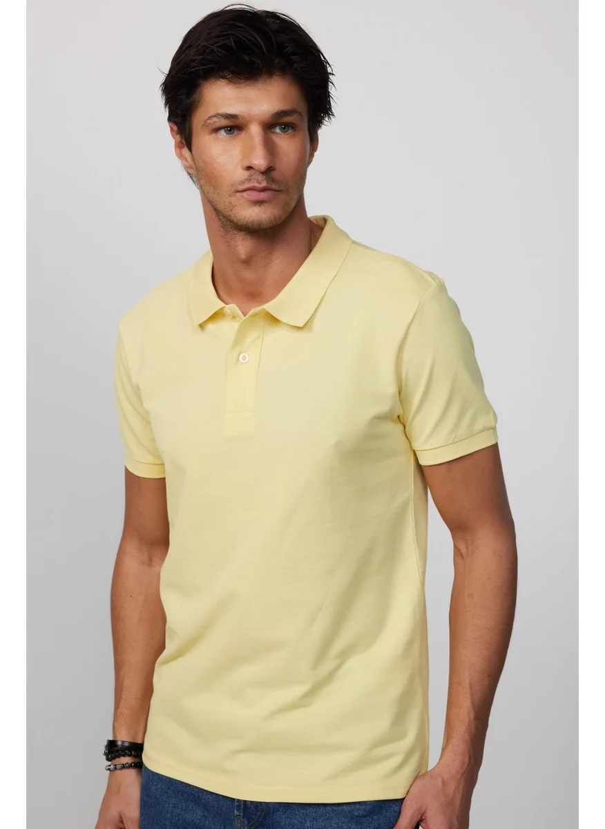 تودورس Men's Slim Fit Slim Cut 100% Cotton Plain Pique Yellow Polo Neck T-Shirt