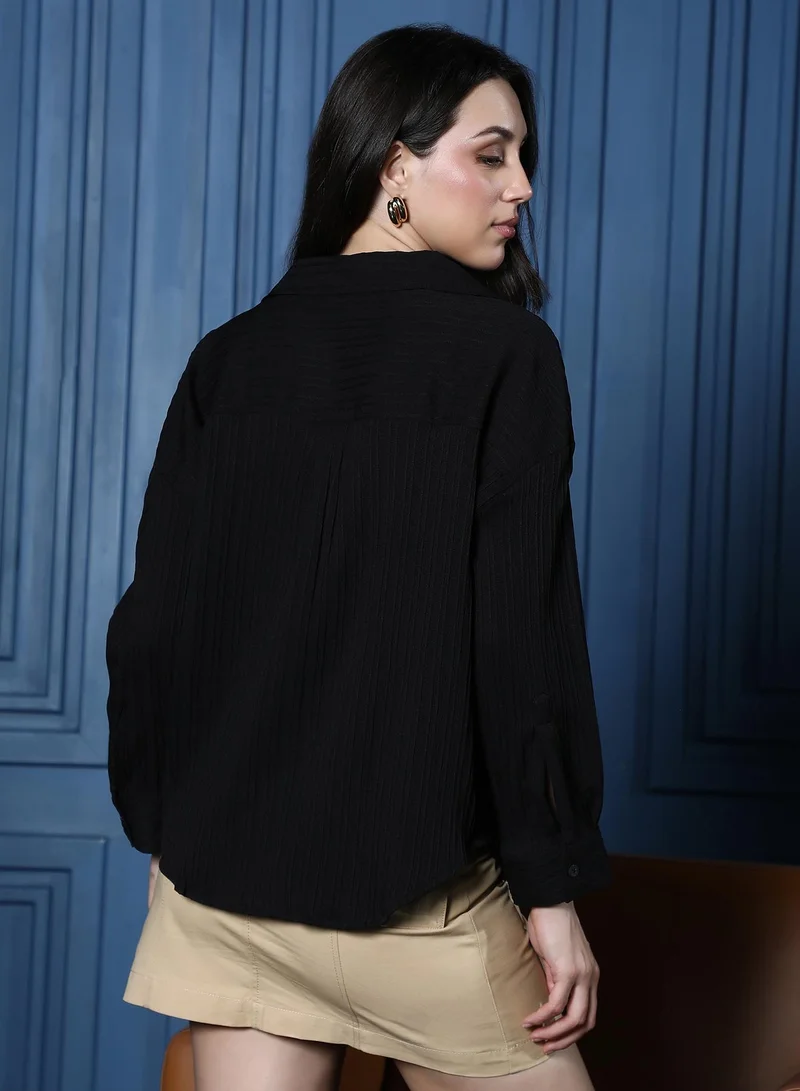 Pinacolada  Women's Onyx Black Pin-Tactile Oversized Shirt | نساء | أكمام طويلة | سادة | طوق منتشر | كاجوال كبير الحجم | قميص for Women | Best Price UAE