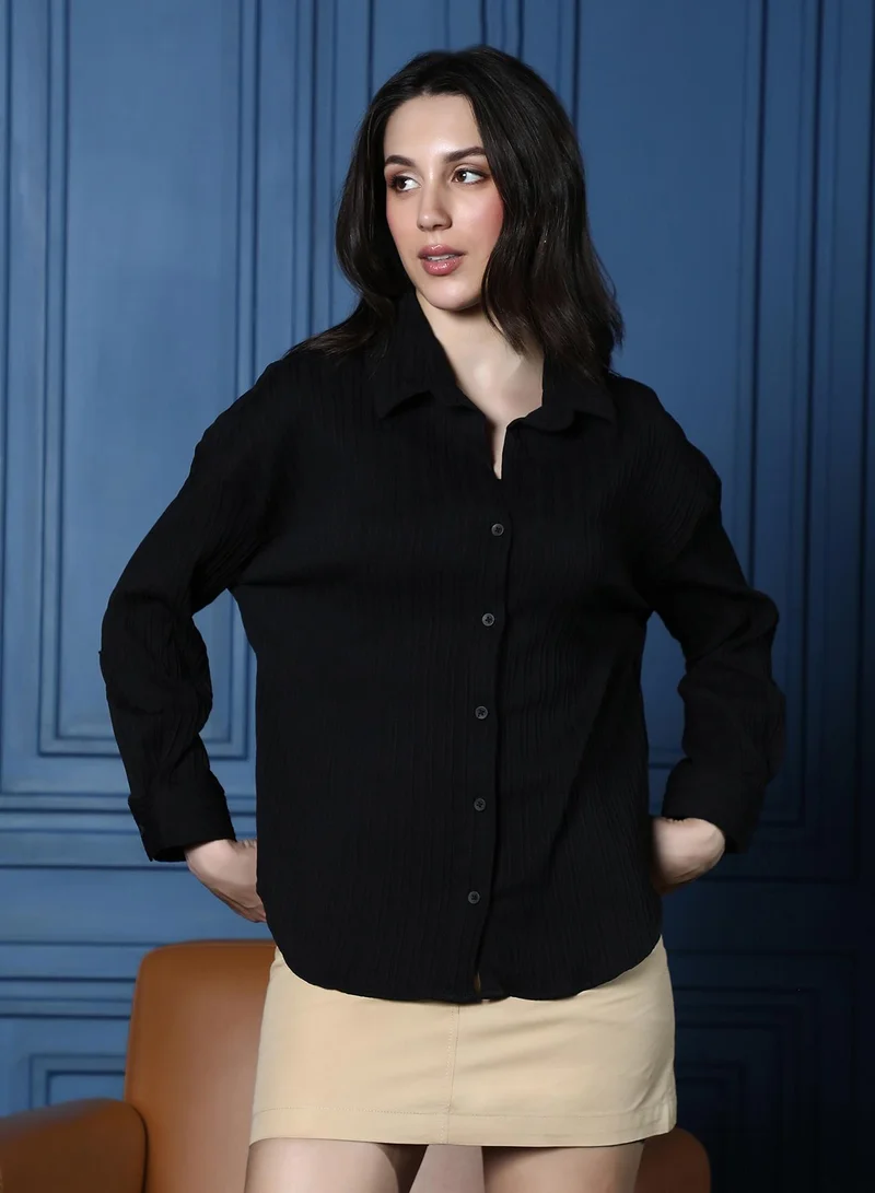 بينيا كولادا قميص نسائي واسع بنقش دبابيس وياقة عريضة وأكمام طويلة بأزرار للإغلاق، قميص منسوج صلب ذو ملمس خاص للارتداء اليومي والكاجوال بلون أسود فحمي