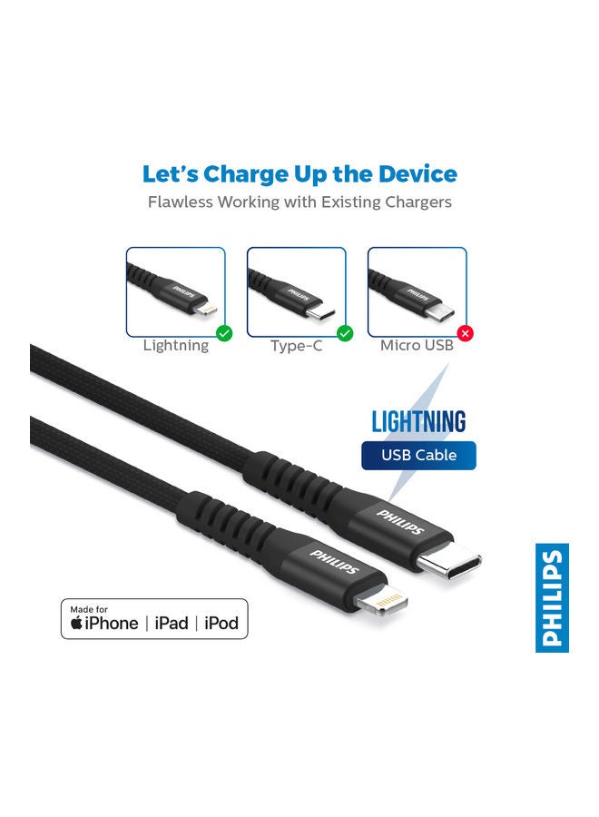 Philips iPhone Cable 2M USB C to Lightning Fast Charging Wire Braided Cord 18W Fast PD Charge for iPhone 14/14 Plus/ 14 Pro/14 Pro Max/iPhone 13/12/11/XS/Pro Max /Pro/Mini/SE/ ipad 9 - Black - Image 3