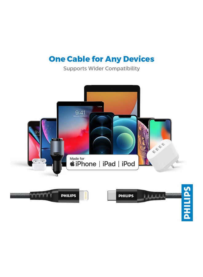 Philips iPhone Cable 2M USB C to Lightning Fast Charging Wire Braided Cord 18W Fast PD Charge for iPhone 14/14 Plus/ 14 Pro/14 Pro Max/iPhone 13/12/11/XS/Pro Max /Pro/Mini/SE/ ipad 9 - Black - Image 5