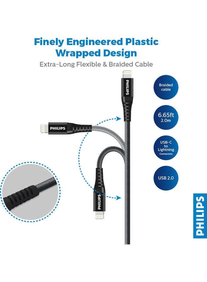 Philips iPhone Cable 2M USB C to Lightning Fast Charging Wire Braided Cord 18W Fast PD Charge for iPhone 14/14 Plus/ 14 Pro/14 Pro Max/iPhone 13/12/11/XS/Pro Max /Pro/Mini/SE/ ipad 9 - Black - Image 2