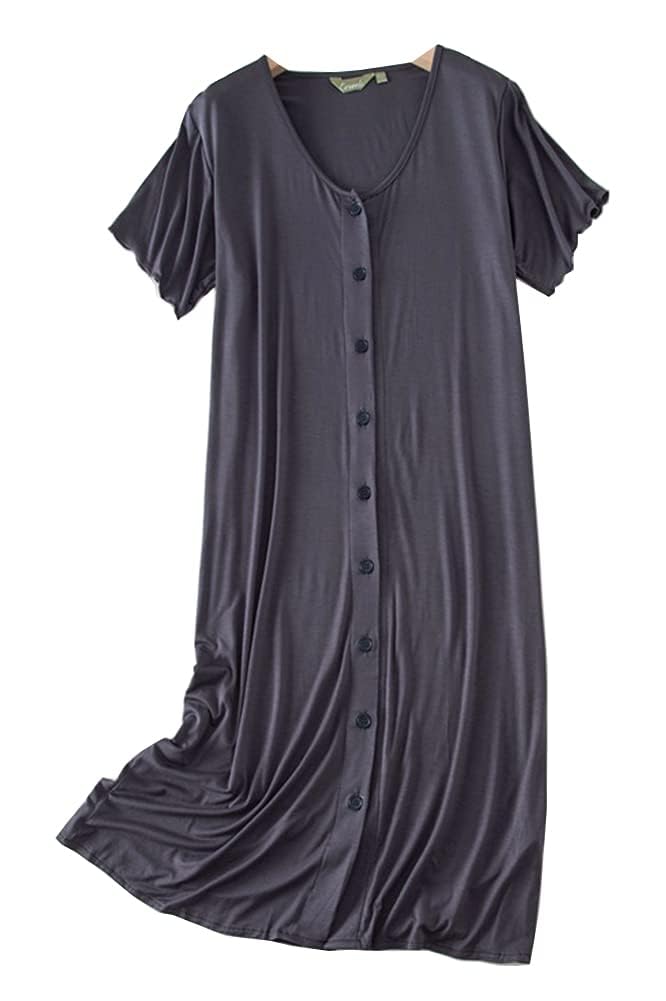 CHUNG Women Nightgown Front Open Modal Long Pajamas Nightdress Short Sleeve Sleepwear with Ruffles Button Down (L, CharcoalGrey) - Image 2