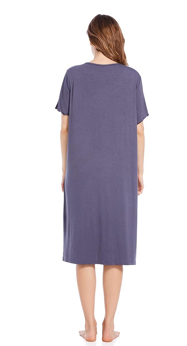CHUNG Women Nightgown Front Open Modal Long Pajamas Nightdress Short Sleeve Sleepwear with Ruffles Button Down (L, CharcoalGrey) - Image 4