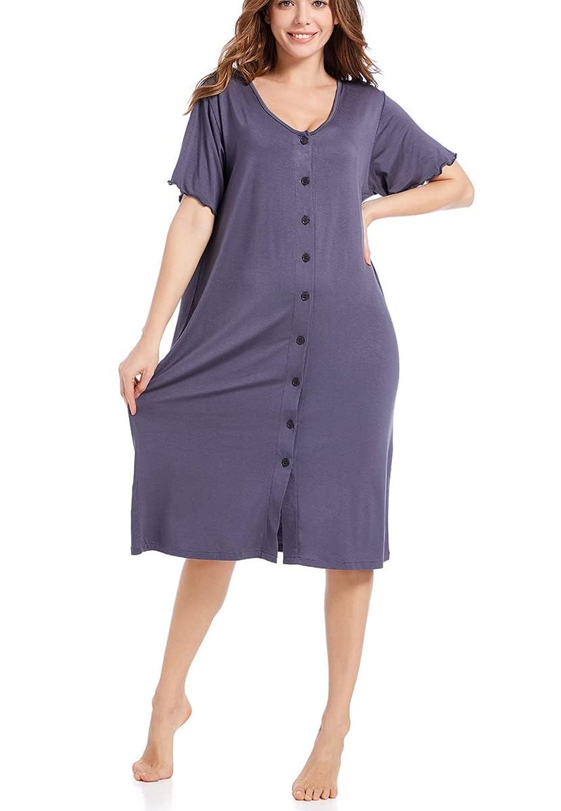 CHUNG Women Nightgown Front Open Modal Long Pajamas Nightdress Short Sleeve Sleepwear with Ruffles Button Down (L, CharcoalGrey) - Image 5