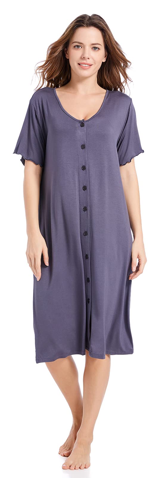 CHUNG Women Nightgown Front Open Modal Long Pajamas Nightdress Short Sleeve Sleepwear with Ruffles Button Down (L, CharcoalGrey) - Image 1