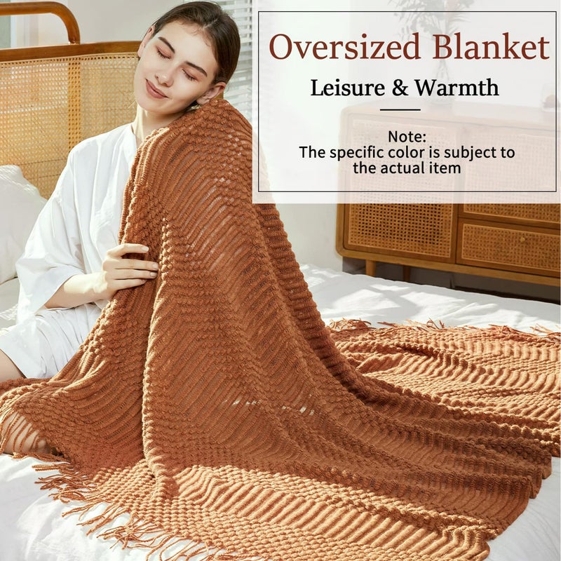 Blagic Knitted Throw Blanket for Couch and Bed, Soft & Cozy Knit Blanket with Tassel, Burnt Orange Lightweight Decorative Blankets & Throws, Farmhouse Warm Woven Blanket for All Seasons,50" W x 60" L - Image 3