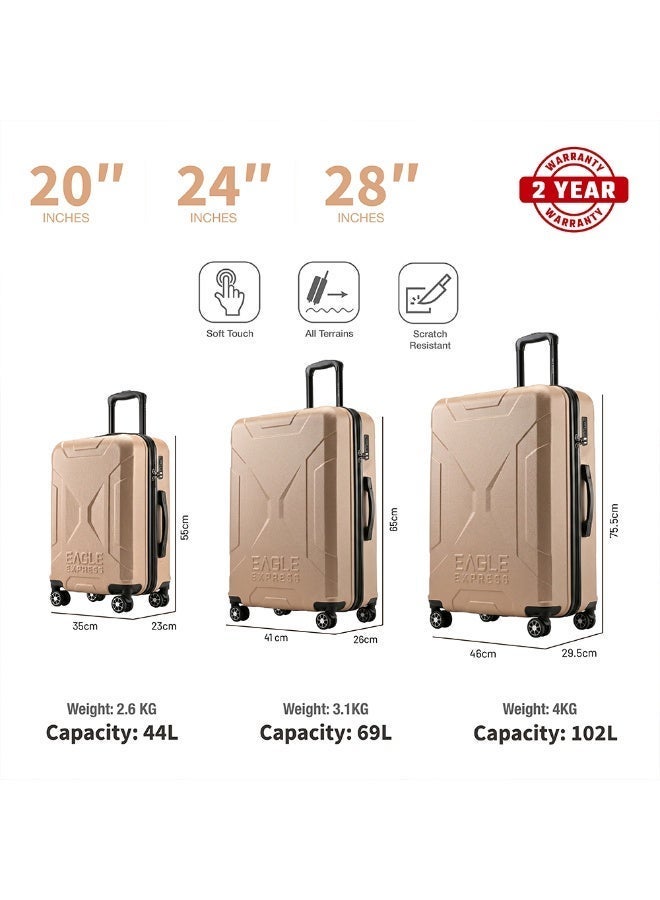 Eagle Express Expedition 3 Piece Luggage Set 20/24/28 Inch Gold, ABS Hard Shell Trolley Suitcase Set with Lightweight Travel Design, Cabin & Check-In Luggage, 360 Spinner Wheels, Secure Lock System and 2 Year Warranty - Image 3