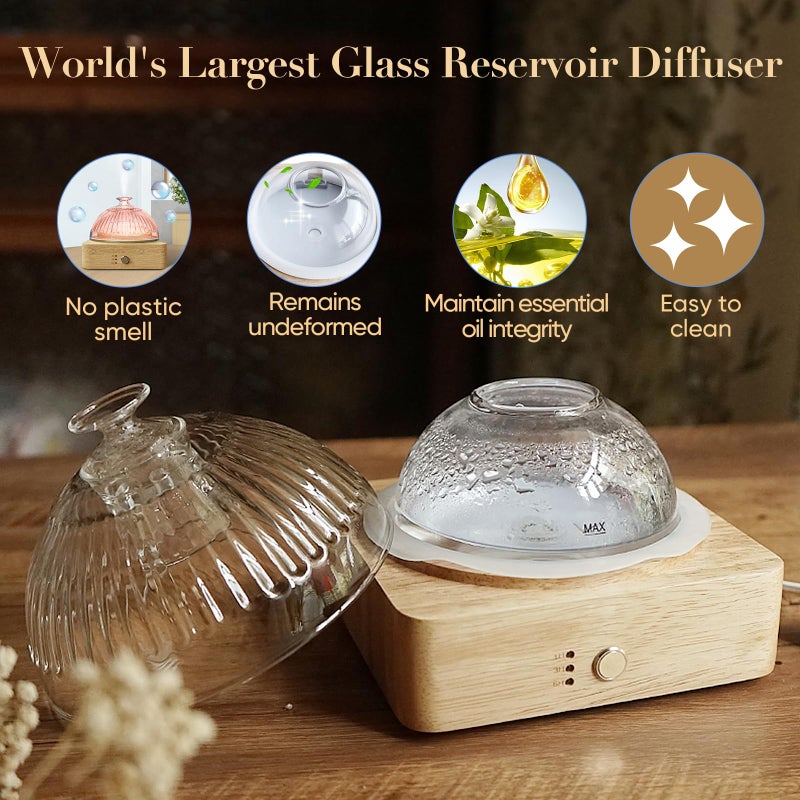 Levoair Glass Dome Essential Oil Diffuser with Glass Reservoir & Wood Base-No Plastic, 200ml Ultrasonic Diffuser for Aromatherapy with Timer 7 Color Light Auto-Off for Home Office Yoga Pilates - Image 2