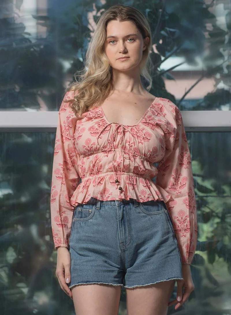 فيرجيو VIRGIO 100% Cotton Cinched Waist Block Print Crop Top