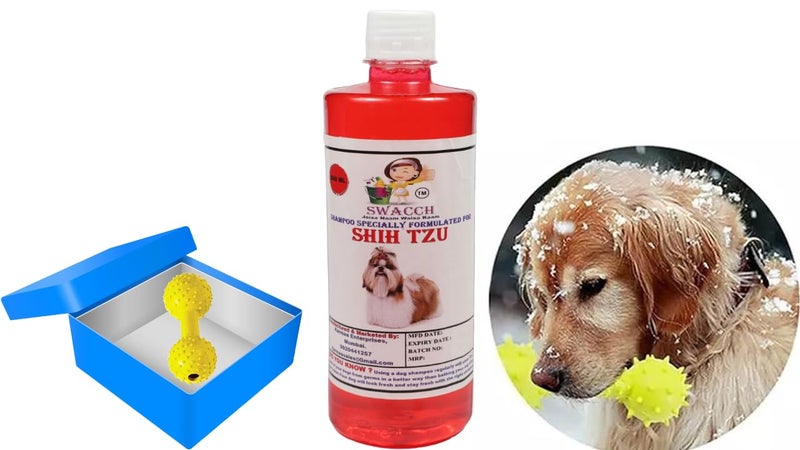 swacch Shih Tzu Dog Shampoo + Dumbbell Toy I Durable Rubber Dog Toy for Chewing I Playing,Teeth Cleaning & Training Toy I Combo Pack I 500ml Jasmine - Image 1