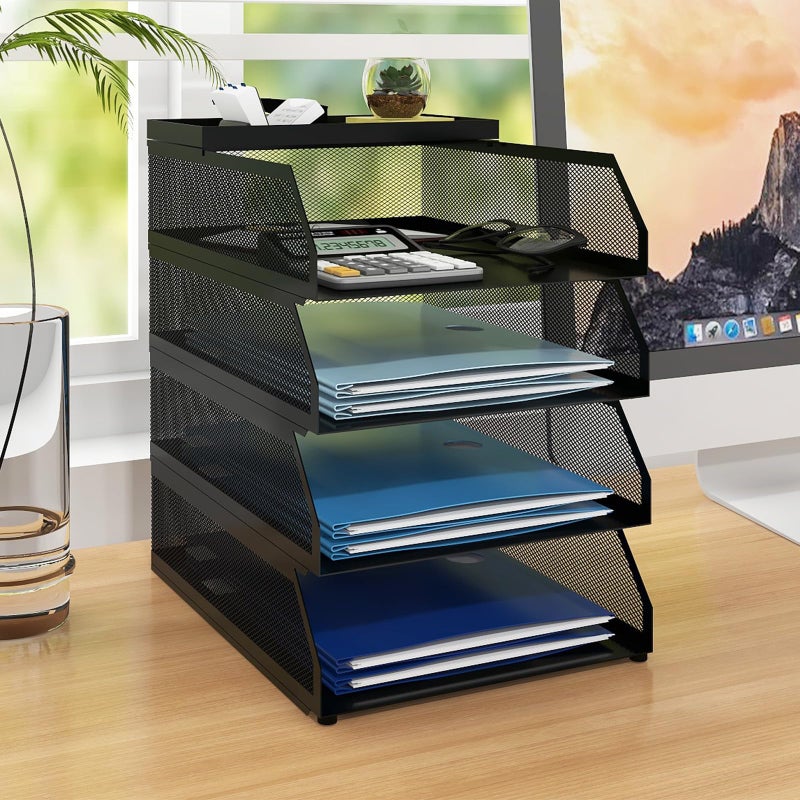 Natwind 4Tier Desk OrganizerStackable Paper Tray Desk AccessoriesMetal Mesh Desktop Organizer Paper Sorter Letter TraysFile Document Storage Rack for for Home Office School Black