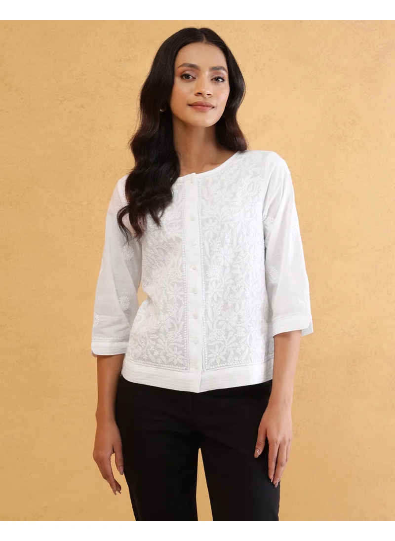 فاب انديا White Cotton Chikankari Short Top