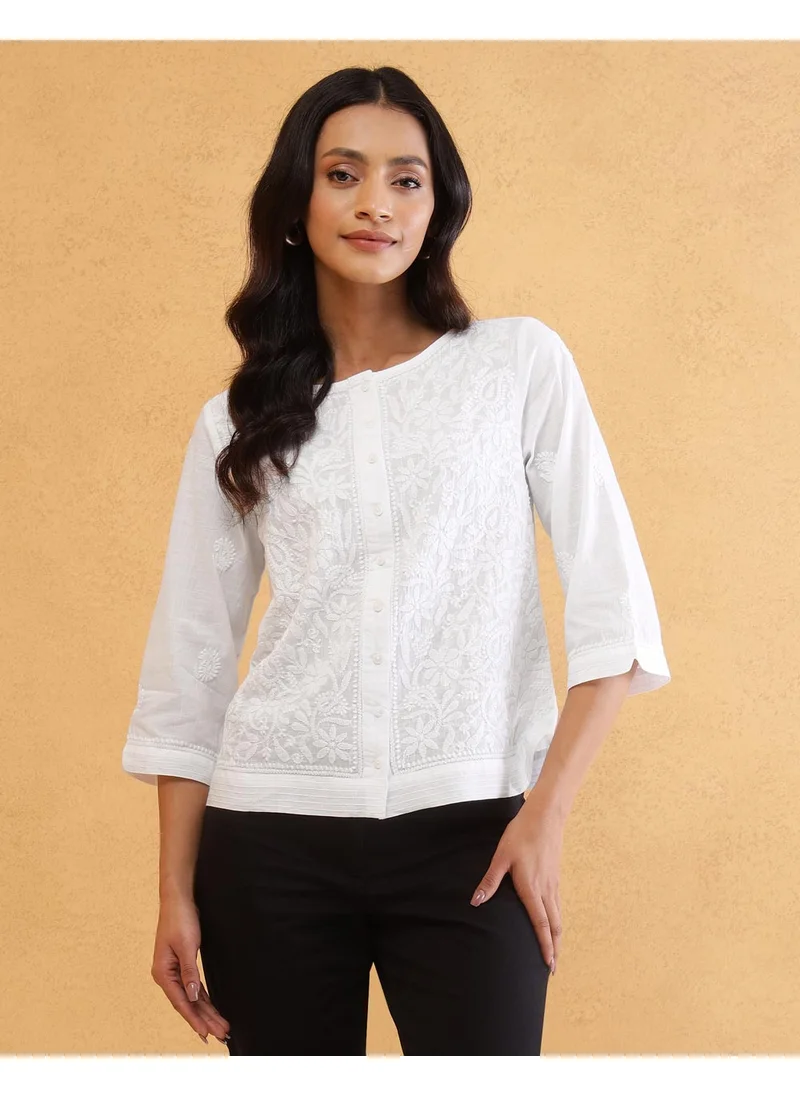 فاب انديا White Cotton Chikankari Short Top