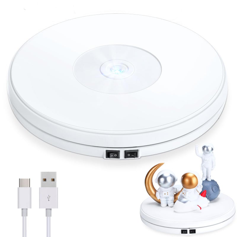 Tuanse White Electric 10 Inch Rotating Turntable Display Stand with Led 44 lb Centric Loading for Table 360 Degree Motorized Tumbler Display Stand for Jewelry Photography 