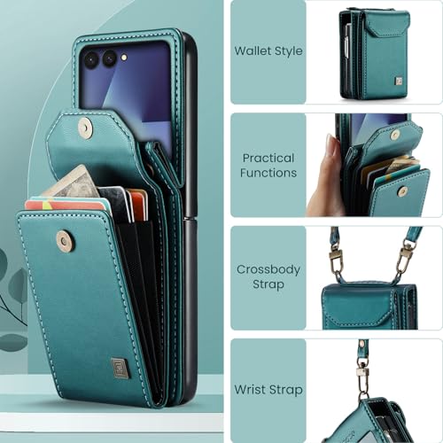 ASAPDOS Crossbody Case Compatible with Samsung Galaxy Z Flip 7,Retro PU Leather Strap Wristlet Flip Case with Magnetic Closure and Card Holder for Men Women Blue Green - Image 2