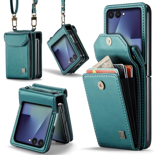ASAPDOS Crossbody Case Compatible with Samsung Galaxy Z Flip 7,Retro PU Leather Strap Wristlet Flip Case with Magnetic Closure and Card Holder for Men Women Blue Green - Image 1